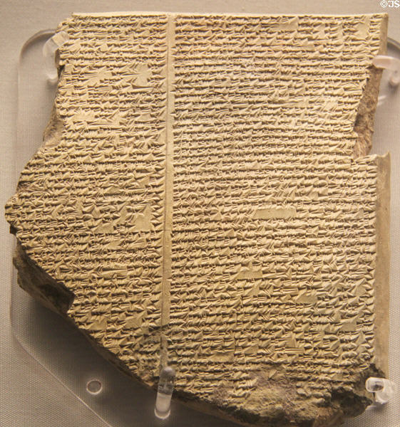 Gilgamesh cuneiform flood tablet (written 700-600 BCE, translated 1872) relates in verse how gods sent flood to destroy world 2000 years before. Utnapishtim (like Noah) was forewarned, built an ark to preserve life, & afterward sent out birds to find dry land at British Museum. London, United Kingdom.