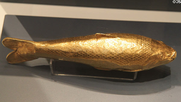 Gold Achaemenid culture vessel in form of Turkestan barbell fish (5thC-4thC BCE) found in Oxus River Treasure, Tajikistan at British Museum. London, United Kingdom.