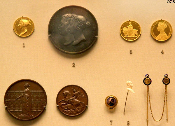 Medals & pin celebrating Queen Victoria; Prince Albert & some event of her reign at British Museum. London, United Kingdom.