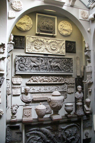 Collection of antique stone reliefs at Sir John Soane's Museum. London, United Kingdom.