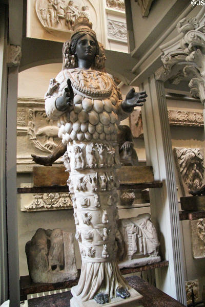 Statue of Ephesian Artemis (or 'Ephesian Diana') with replaced elements in black marble at Sir John Soane's Museum. London, United Kingdom.