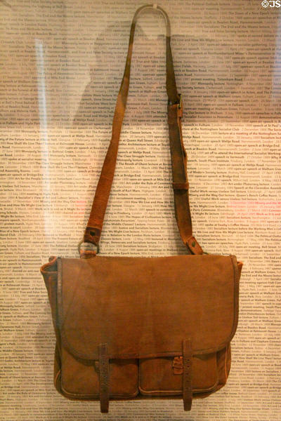 Canvas satchel carried everyday packed full of socialist pamphlets & lecture notes by William Morris at Morris Gallery. London, United Kingdom.