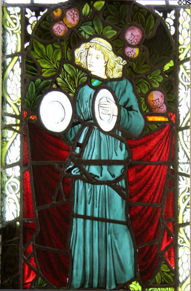 Minstrel with Cymbals stained glass (1880s) by William Morris made by Morris & Co at Morris Gallery. London, United Kingdom.