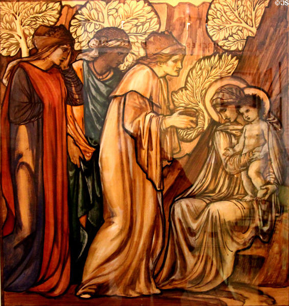 Adoration of Magi stained glass (1872) by Edward Burne-Jones made by Morris, Marshall, Faulkner & Co for Castle Howard at Morris Gallery. London, United Kingdom.