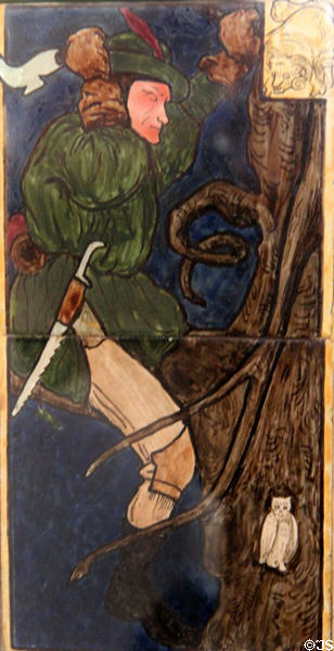 March (woodcutter) monthly labor series ceramic tile (1862) by William Morris, Philip Webb, Lucy Faulkner et al made by Morris, Marshall, Faulkner & Co at Morris Gallery. London, United Kingdom.