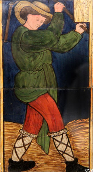 August (threshing) monthly labor series ceramic tile (1862) by William Morris, Philip Webb, Lucy Faulkner et al made by Morris, Marshall, Faulkner & Co at Morris Gallery. London, United Kingdom.