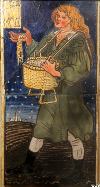November (sowing) monthly labor series ceramic tile (1862) by William Morris, Philip Webb, Lucy Faulkner et al made by Morris, Marshall, Faulkner & Co at Morris Gallery. London, United Kingdom.