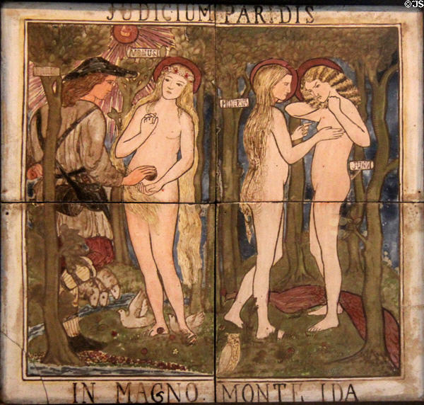 Judgment of Paris ceramic tile (1862-3) by Edward Burne-Jones made by Morris, Marshall, Faulkner & Co at Morris Gallery. London, United Kingdom.