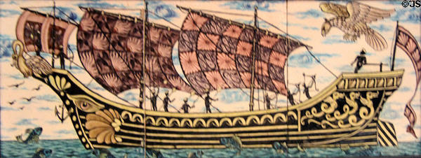 Galleon ceramic tiles (1880s-90s) by William De Morgan for Morris & Co at Morris Gallery. London, United Kingdom.