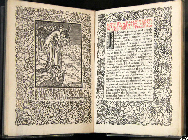 Aims in Founding Kelmscott Press essay (1898) by William Morris with graphic of Psyche Borne off by Zephyrus by Edward Burne-Jones at Morris Gallery. London, United Kingdom.