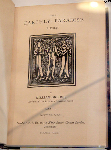 Earthly Paradise (1865-70) by William Morris with graphics by Edward Burne-Jones for Kelmscott Press a poem which made Morris famous at Morris Gallery. London, United Kingdom.
