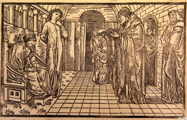 Oracle graphic by Edward Burne-Jones in Earthly Paradise poem (1870) by William Morris for Kelmscott Press at Morris Gallery. London, United Kingdom.