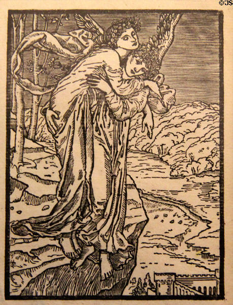 Cupid falls in love with Psyche & ask God of Wind Zephyr to carry her to Cupid graphic by Edward Burne-Jones in Earthly Paradise poem (1870) by William Morris for Kelmscott Press at Morris Gallery. London, United Kingdom.