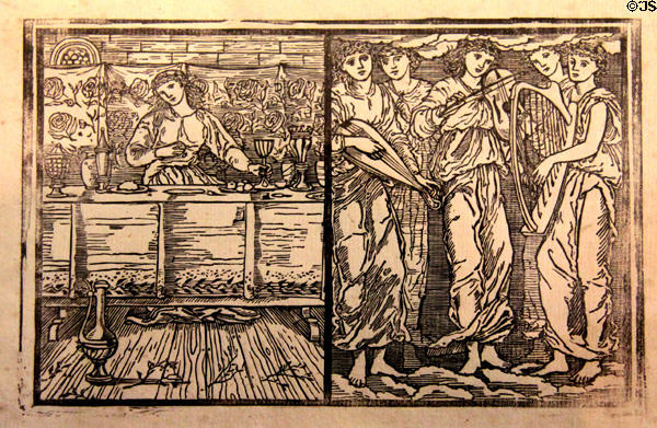 Psyche charmed by food & music falls in love with Cupid graphic by Edward Burne-Jones in Earthly Paradise poem (1870) by William Morris for Kelmscott Press at Morris Gallery. London, United Kingdom.