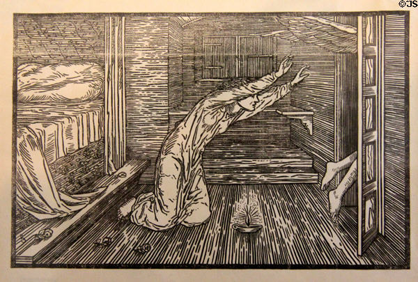 Psyche lights candle to uncover Cupid's identity, but he storms out after such a betrayal graphic by Edward Burne-Jones in Earthly Paradise poem (1870) by William Morris for Kelmscott Press at Morris Gallery. London, United Kingdom.