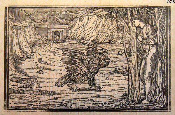 Psyche asks Venus for help to win Cupid back, to do so her first task involves delivering black water carried by an eagle to Venus graphic by Edward Burne-Jones in Earthly Paradise poem (1870) by William Morris for Kelmscott Press at Morris Gallery. London, United Kingdom.
