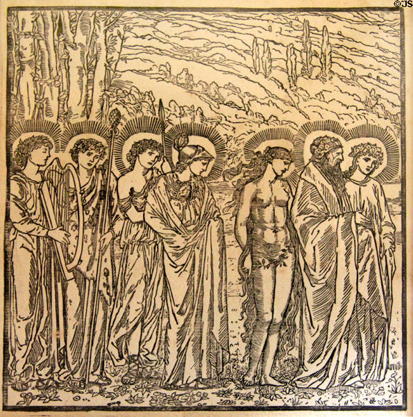 Psyche proves her love of Cupid & is accepted by the gods graphic by Edward Burne-Jones in Earthly Paradise poem (1870) by William Morris for Kelmscott Press at Morris Gallery. London, United Kingdom.