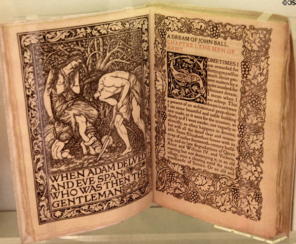A Dream of John Ball (1892) by William Morris with graphics by Edward Burne-Jones for Kelmscott Press a bestselling poem at Morris Gallery. London, United Kingdom.