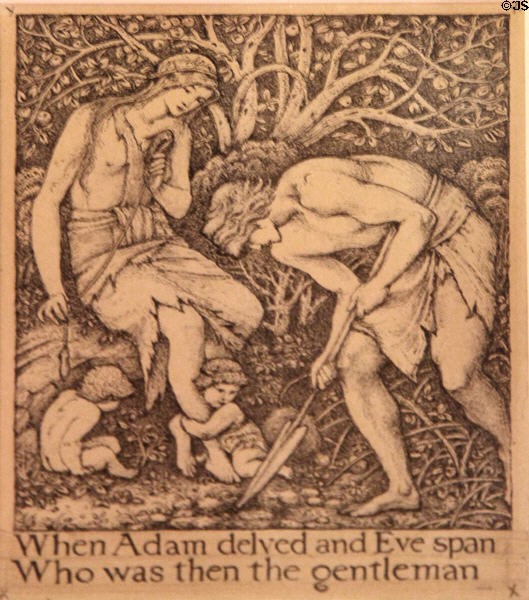 Adam & Eve graphic by Edward Burne-Jones for front piece in Dream of John Ball poem (1888) by William Morris for Kelmscott Press at Morris Gallery. London, United Kingdom.