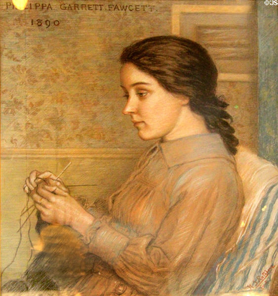 Philippa Garrett Fawcett (daughter of suffragist Millicent Fawcett) who inspired Mistress Philippa character in William Morris' novel 'News From Nowhere' portrait (1890) by Harold Steward Rathbone at Morris Gallery. London, United Kingdom.