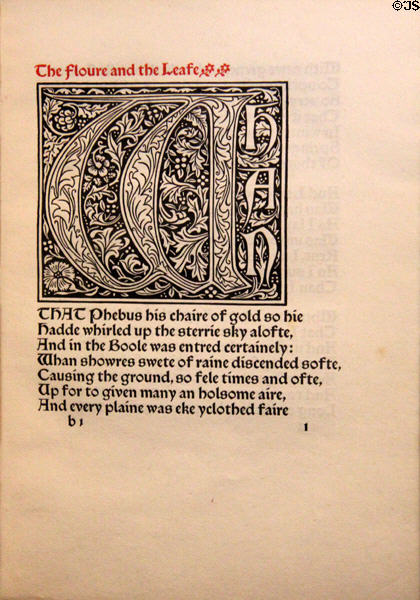 Chaucer typeface designed by William Morris as a smaller version of Troy type in order to make Kelmscott Chaucer project financially viable shown in Sundering Flood poem (1898) by Morris at Morris Gallery. London, United Kingdom.