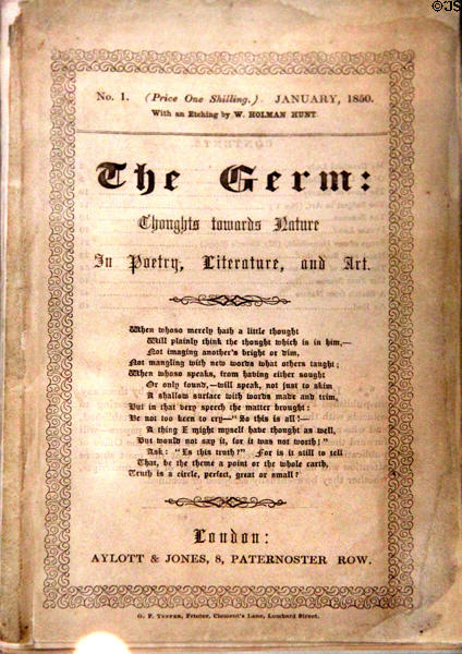 The Germ literary magazine (1850) by Pre-Raphaelite movement edited by William Michael Rossetti impressed young Morris at Morris Gallery. London, United Kingdom.