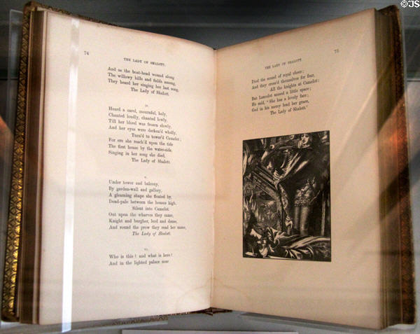 Book of Tennyson's poems (1857 & later) with image of Lancelot gazing at Lady of Shalott by Dante Gabriel Rossetti at Morris Gallery. London, United Kingdom.