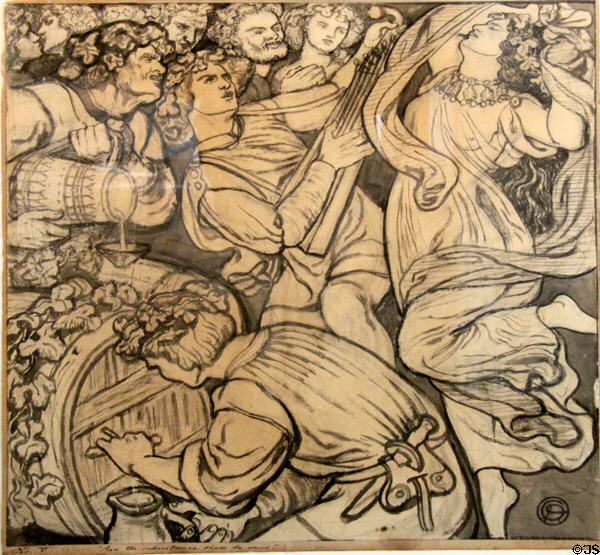 Celebrating the Grape Harvest study for stained glass panel (1862) by Dante Gabriel Rossetti at Morris Gallery. London, United Kingdom.
