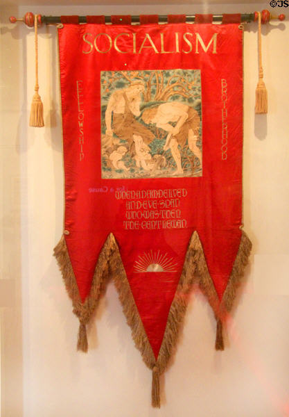 Socialist banner painted with scene from Morris' book A Dream of John Ball on silk (c1890s) at Morris Gallery. London, United Kingdom.