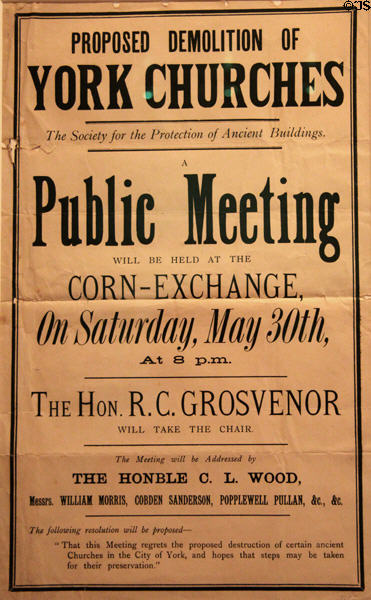 Demolition of Churches protest poster (1885) as held by Society for Protection of Ancient Buildings where William Morris spoke at Morris Gallery. London, United Kingdom.