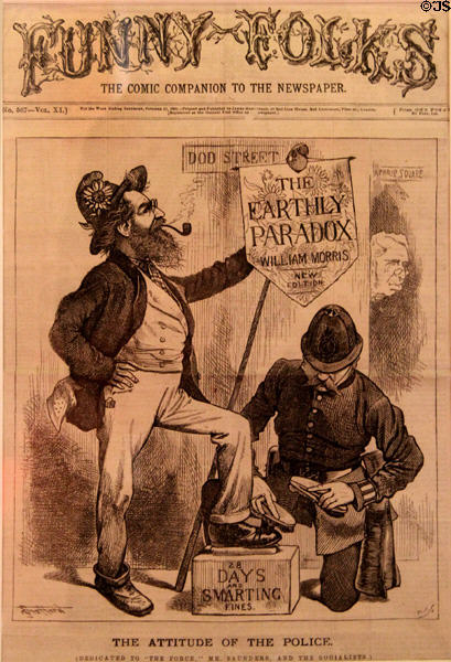 Funny Folks comic magazine issue (1883) after William Morris accused the British legal system of hypocrisy because working class was more likely to be arrested that wealthier respectable citizens with cover showing Morris having his shoes shined by the police while he a famous person participated in a protest at Morris Gallery. London, United Kingdom.