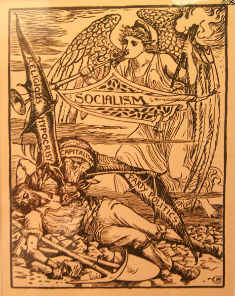 Capitalist Vampire victim being warned by socialist angel poster (1889) by Walter Crane at Morris Gallery. London, United Kingdom.