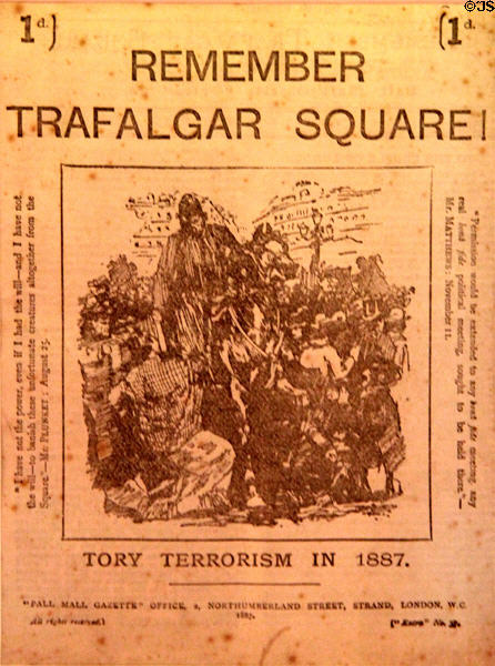 Remember Trafalgar Square where protesters were abused by police newspaper sympathy poster (1887) in Pall Mall Gazette at Morris Gallery. London, United Kingdom.