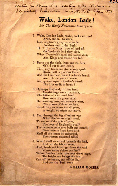 Wake, London Lads antiwar song (1878) by William Morris at Morris Gallery. London, United Kingdom.