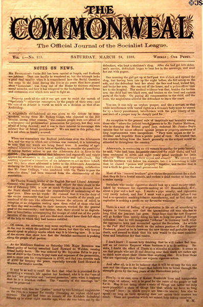 Commonweal socialist newspaper (1888) edited & financed by William Morris at Morris Gallery. London, United Kingdom.