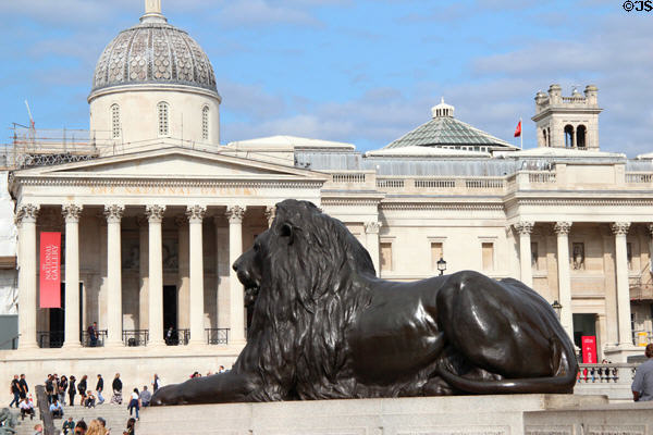 National Gallery building beyond Lion of Trafalgar Square. London, United Kingdom.