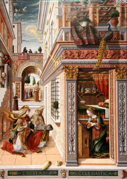 Annunciation with St Emidius painting (1486) by Carlo Crivelli of Italy at National Gallery. London, United Kingdom.