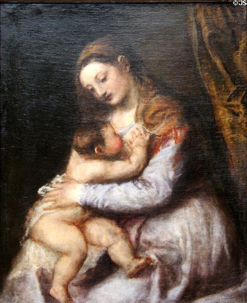 Virgin suckling Infant Christ painting (c1565-75) by Titian at National Gallery. London, United Kingdom.