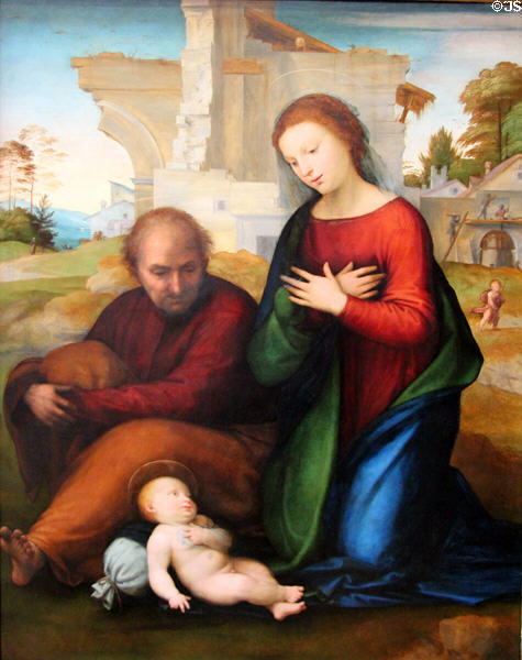 Virgin adoring the Child with St Joseph (perhaps flight into Egypt) painting (before 1511) by Fra Bartolommeo at National Gallery. London, United Kingdom.