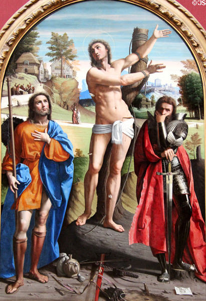 St Sebastian with St Roch & St Demetrius painting (1521-4) by Ortolano at National Gallery. London, United Kingdom.