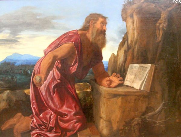 St Jerome painting (c1525-30) by Giovanni Girolamo Savoldo at National Gallery. London, United Kingdom.