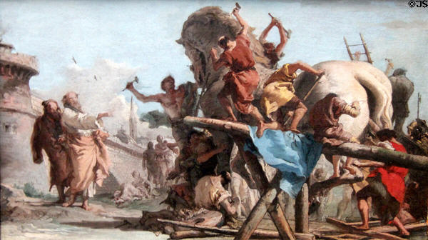 Building the Trojan Horse painting (c1760) by Giovanni Domenico Tiepolo at National Gallery. London, United Kingdom.