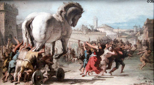 Pulling Trojan Horse into Troy painting (c1760) by Giovanni Domenico Tiepolo at National Gallery. London, United Kingdom.