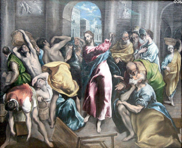 Christ driving Traders from Temple painting (c1600) by El Greco at National Gallery. London, United Kingdom.