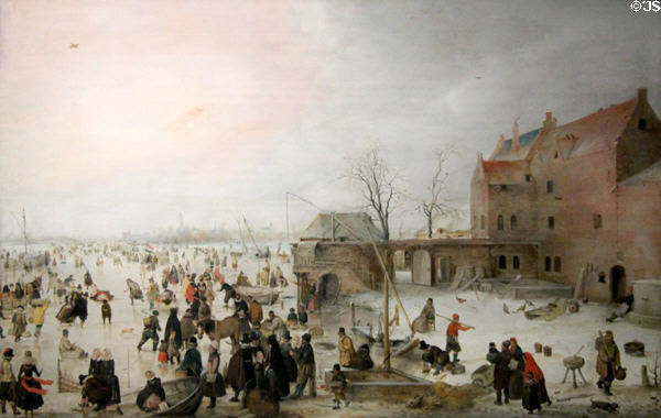 Winter scene on ice near a town painting (c1615) by Hendrick Avercamp at National Gallery. London, United Kingdom.