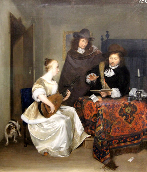 Woman playing a Lute to a Two Man painting (1667-8) by Gerard ter Borch at National Gallery. London, United Kingdom.