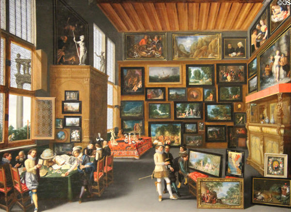 Cognoscenti in Room hung with Picture painting (c1620) by unknown Flemish artist at National Gallery. London, United Kingdom.