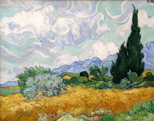 Wheatfield with Cypresses painting (1889) by Vincent van Gogh at National Gallery. London, United Kingdom.