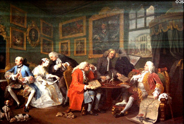 Arranging marriage between son of bankrupt earl to daughter of rich merchant from Marriage a-la-Mode series of paintings (c1743) by William Hogarth at National Gallery. London, United Kingdom.