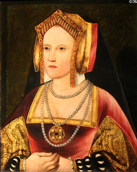 Katherine of Aragon (wife of Prince Arthur & then King Henry VIII, mother of Mary I) portrait (c1520) at National Portrait Gallery. London, United Kingdom.